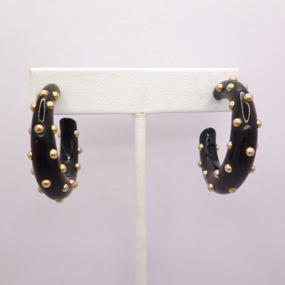 Kenneth Jay Lane Hoop Earrings Black w/ Gold Tone Dots Chunky Pierced Signed KJL - Picture 2 of 4